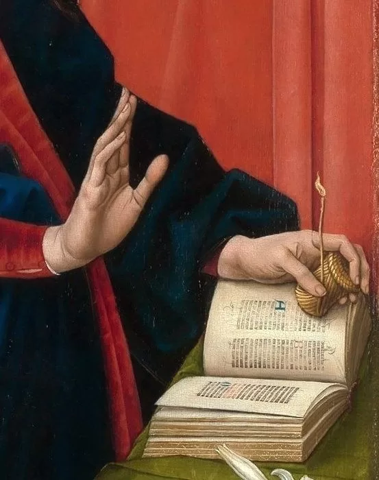 "Skubanti šviesa"-  viduramžių skaitymo žvakė. H. Memling "Apreškimas" 1482m.